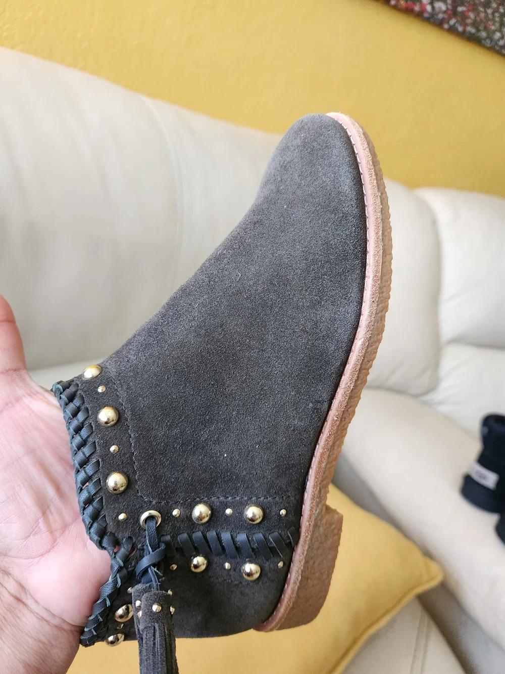 kate spade Black Suede Ankle Booties with Braided Trim and Tassels